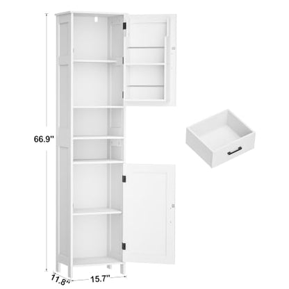 67" Tall Bathroom Storage Cabinet with Adjustable Shelf, Narrow Cabinet | Farmhouse Kitchen Cabinet with 2 Doors, Narrow Floor Cabinet for Kitchen, Bathroom, Dining Room, Laundry Room, White