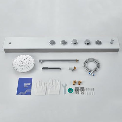 4-in-1 Glass Shower Panel Tower System Stainless Steel White | 51 inch shower panel l 9" rain shower head | 3 massage jets | Handheld shower | Tub spout | Glass + steel design | Wall mount - style: Round Shower