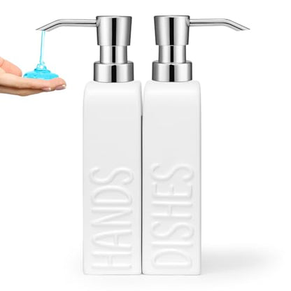 Ceramic Soap Dispenser Set for Bathroom and Kitchen, 2Pack Refillable Dish Soap and Hand Soap Dispenser - color: White-silver