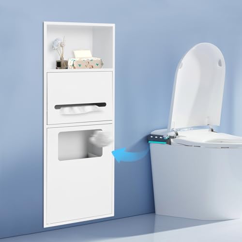 Recessed Toilet Paper Holder, Stainless Steel Shower Nich, Waterproof Bathroom Niche, Built-in Hidden Trash Can Tilt Out Trash Bin Cabinet for Kitchen Living Room Bedroom Hotel Residential (White) - color: White