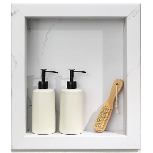 Palisade 17.5 in x 15.5 in Vinyl Shower Niche Carrara Marble/Urban Glacier | Waterproof Shower Insert - color: Carrara Marble/Urban Glacier