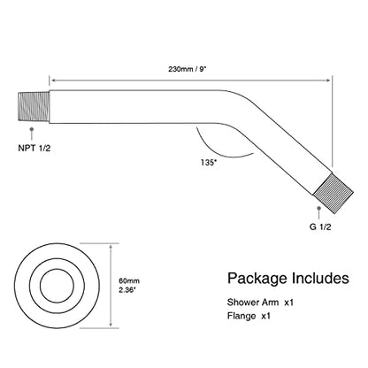 9 Inch Brushed Gold Shower Arm and Flange Head Extension Pipe | Angled Stainless Steel Wall Mounted Extension, Bathroom Gooseneck Curved Shower Neck - color: Brushed Gold, style: 9 inch