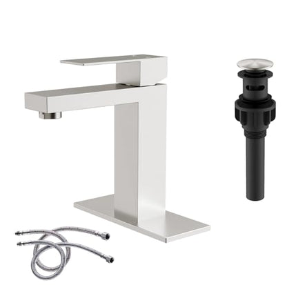 Brushed Nickel Bathroom Faucet Single Hole with Pop-Up Bathroom Drain and Flexible Hoses Single Handle Bathroom Sink Faucet w/Deck Plate(1 or 3 Hole) for Vanity Sinks, RV, Farmhouse - color: Brushed Nickel