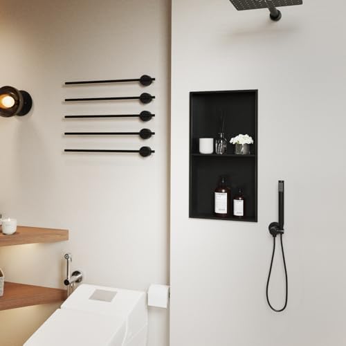 Stainless Steel Shower Niche with Shelf | 12" x 24" No Tile Needed Recessed Wall Niche for Shower Wall Bathroom Storage Insert Installation (Matte Black)
