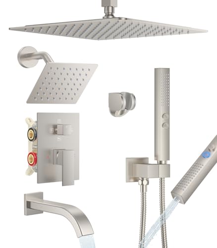 Rain Shower System with Rough-in Valve, Ceiling Mount Shower Faucet Set with 12"&6" Dual Rain Shower Heads, 2-in-1 Handheld Shower, Tub Spout, 4-Function Complete Shower Fixture,Brushed Nickel - color: Brushed Nickel, size: Ceiling Mount-12"+6" head with