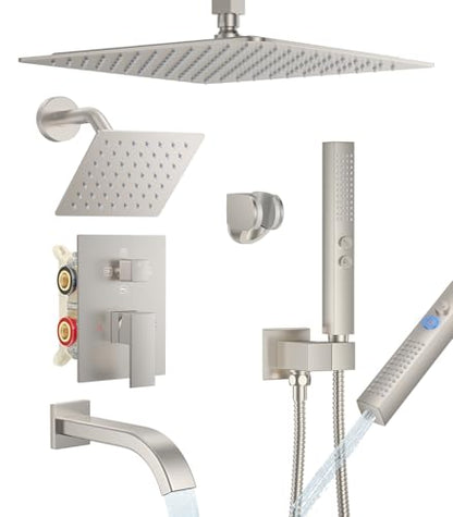 Rain Shower System with Rough-in Valve, Ceiling Mount Shower Faucet Set with 12"&6" Dual Rain Shower Heads, 2-in-1 Handheld Shower, Tub Spout, 4-Function Complete Shower Fixture,Brushed Nickel - color: Brushed Nickel, size: Ceiling Mount-12"+6" head with