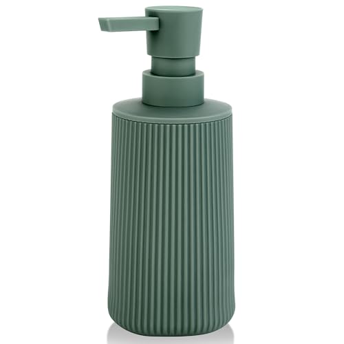 YAUKPH Small Soap Dispenser for Bathroom and Kitchen Matte Green | Modern Farmhouse Striped Style Plastic Hand Soap Dish Soap Dispenser with Pump - color: Sage Green