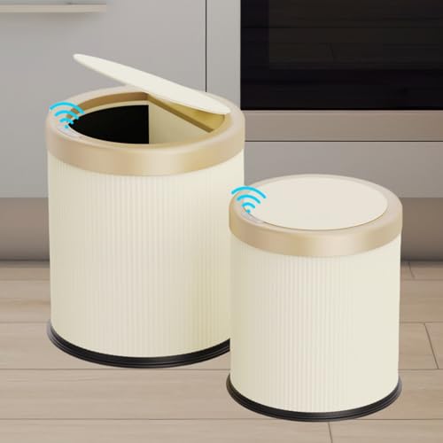 URALFA 2Pack Bathroom Trash Can with Lid, Automatic Motion Sensor Trash Can | 2.8 & 3.7 Gallon Bathroom Garbage Can Touchless, Smart Waterproof Trash Bin for Bedroom, Office, Cream White and Gold - color: Cream White