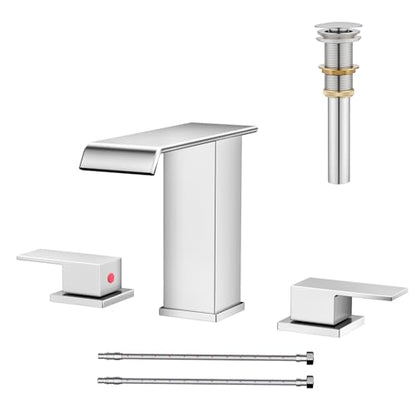 AVSIILE Waterfall Bathroom Faucet 3 Hole, Chrome 8 Inch Widespread Modern 3 Piece Touch On Lavatory Sink Faucets for Vanity RV Restroom, Straight Spout - color: Chrome, style: Straight Spout