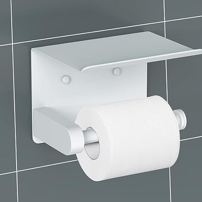 VAEHOLD Self Adhesive Toilet Paper Holder with Phone Shelf Stainless Steel Wall Mounted Toilet Paper Roll Holder - Bathroom Washroom Tissue Roll Holder with Storage Shelf - White - color: White
