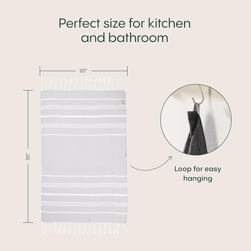 WETCAT Turkish Hand Towels with Hanging Loop, Set of 2 (20" x 30") 100% Turkish Cotton, Pre-Washed, Quick Drying, for Kitchen or Bathroom - Light Grey - color: Light Grey