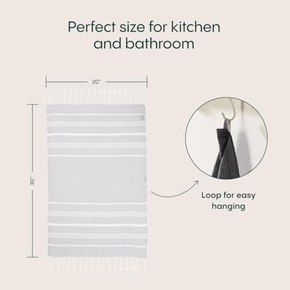 WETCAT Turkish Hand Towels with Hanging Loop, Set of 2 (20" x 30") 100% Turkish Cotton, Pre-Washed, Quick Drying, for Kitchen or Bathroom - Light Grey - color: Light Grey