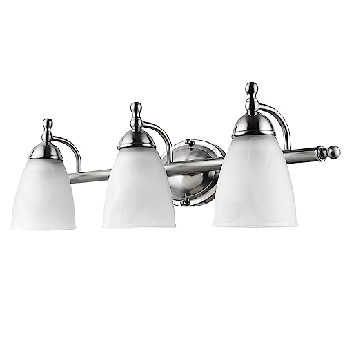 Globe Electric 50783 23" 3-Light Vanity Light, Satin Nickel, Alabaster Glass Shades, Beauty Room Accessories, Bathroom Lights Over Mirror, Makeup Mirror Lights, Wall Light - color: Satin Nickel, Alabaster Glass, 3-Light