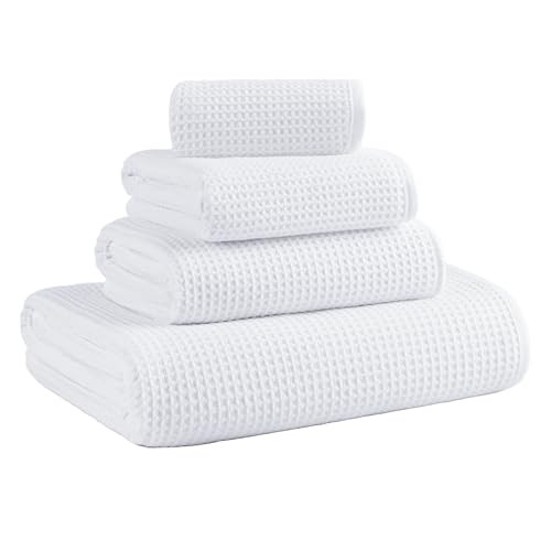 MICROFI Waffle Weave Bath Towel Set, Microfiber, 4 Pieces (Body/Hair/Hand/Face), Quick Dry, Lightweight, Super Absorbent, Lint Free, 380 GSM (White) - color: White