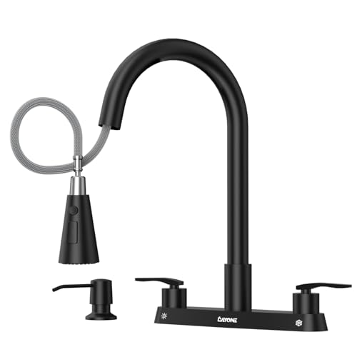 DAYONE Black 2 Handle Kitchen Faucet with Sprayer, 4 Holes Pull Down Faucets for Kitchen Sink with Soap Dispenser Stainless Steel - color: Matte Black, style: 4 Holes Pull Down