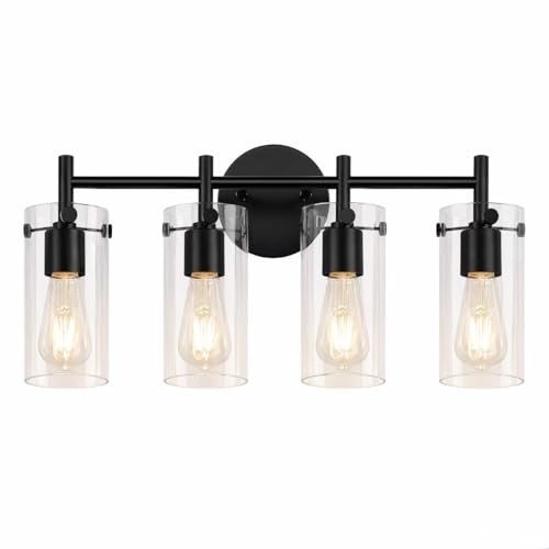 Matte Black 4 Light Bathroom Vanity Light Fixtures, Industrial Rust-Proof Bathroom Lights Over Mirror with Clear Glass Shade, Modern Wall Sconce Wall Mounted Damp Rated E26 Base