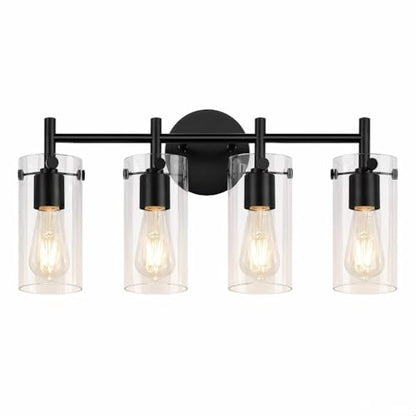 Matte Black 4 Light Bathroom Vanity Light Fixtures, Industrial Rust-Proof Bathroom Lights Over Mirror with Clear Glass Shade, Modern Wall Sconce Wall Mounted Damp Rated E26 Base