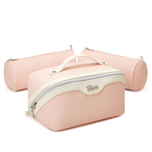 BOYATU Travel Makeup Bag Organizer Cosmetic Bag: 3 Pcs Set Make up Bags for Women with Handle - Waterproof Vegan Leather Toiletry Bags Travel Essentials Pouch with Compartments (A-09-Pink) - color: 02-D-Pink