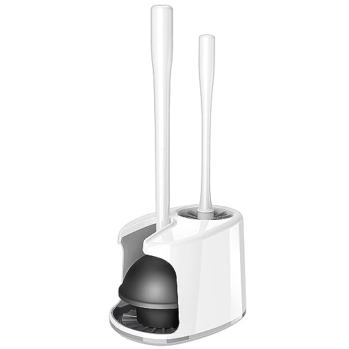 MR.SIGA Toilet Plunger and Brush with Holder for Toilet Cleaning, White | Heavy duty toilet brush and plunger set, plunger toilet brush combo - color: White