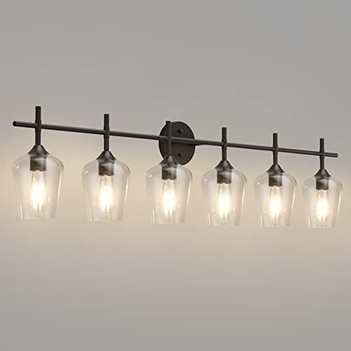 Ralbay Matte Black Bathroom Light fixtures 6-Lights Industrial Matte Black Finish with Clear Glass Vanity Lights Vintage Farmhouse Vanity Lighting for Bathroom - color: Black, size: 6-Light