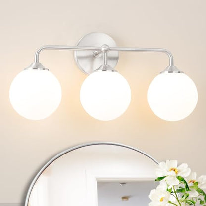 Elagant Modern Brushed Nickel Bathroom Vanity Lights, 3-Lights Bathroom Light Fixtures with Milky White Globe Glass Shade, Bathroom Wall Sconces Light over Mirror Dressing Table Bedroom Living Room - color: Nickel, size: 3 light