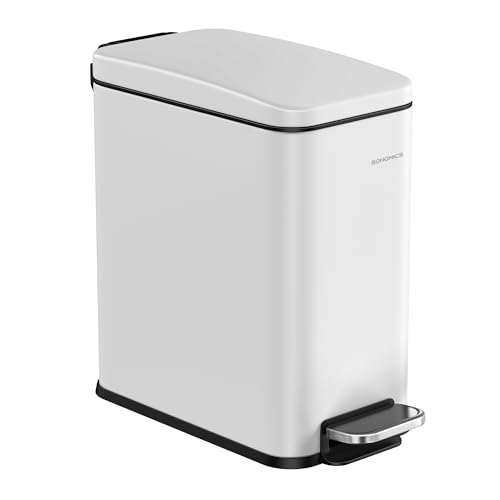 SONGMICS Bathroom Trash Can, 2.6 Gallon (10 L) Small Trash Bin with Lid, Slim for Small Spaces, Stainless Steel Garbage Can, Soft Close, White ULTB561W10 - color: White, style: 2.6 Gal.