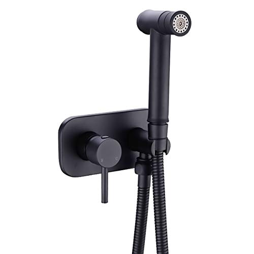 TRUSTMI Toilet Concealed Hot and Cold Bidet Spray Set, Matte Black | Brass Rough-In Wall Mount,Thumb-Free Push Button Hand Held Sprayer Head, 2 Function - color: Matte Black