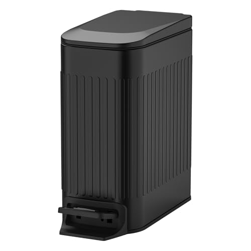 TIPGO Slim Bathroom Trash Can with Lid Soft Close, Step Pedal, 6 Liter / 1.6 Gallon Stainless Steel Trash Bin, Small Garbage Cans for Bedroom, Office, Kitchen (Black) - color: Black