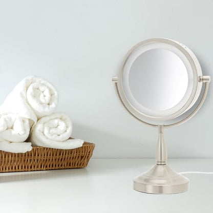 JERDON Lighted Makeup Mirror with 7X Magnification - Nickel - LT856N | Two-Sided 1X View, 8.5" Round Frame, Halo Lighting, 16" Tall