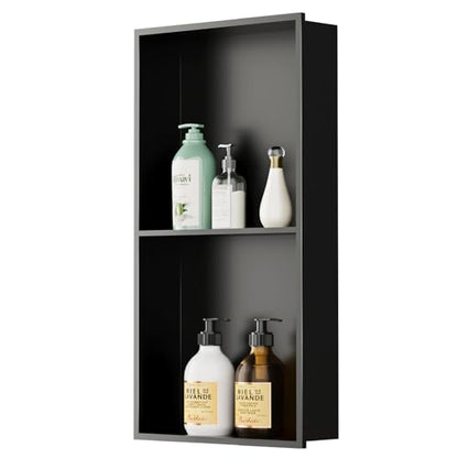Stainless Steel Shower Niche with Shelf | 12" x 24" No Tile Needed Recessed Wall Niche for Shower Wall Bathroom Storage Insert Installation (Matte Black)