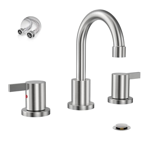 Widespread 8 Inch Lead-Free Brushed Nickel Stain-Resistant Bathroom Faucet(Stainless Steel), 2 Handle 3 Hole Swivel Spout RV Bathroom Vanity Sink Faucet with Metal Drain & Supply line, BF03042-K01-GBN - color: ‎Brushed Nickel - 8 IN