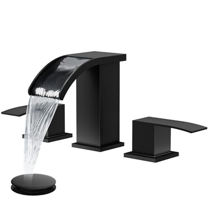 gotonovo Waterfall Bathroom Faucet 3 Hole Square Body,Matte Black | SUS304 8’’ Widespread Bathroom Sink Faucet,2.17’’ Wide Spout,24’’ cUPC Hose,Pop Up Drain,2 Handle,Vanity,Lavatory,Basin,RV - color: Black