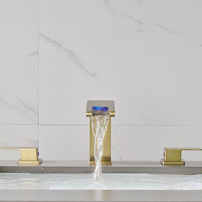 LED Bathroom Faucet 3 Hole, Brushed Gold Waterfall Bathroom Faucets, 8 Inch Widespread Modern Bathroom Sink Faucet, Wide Spread Touch On Three Hole 2 Handle Bathroom Vanity Faucet - color: Brushed Gold