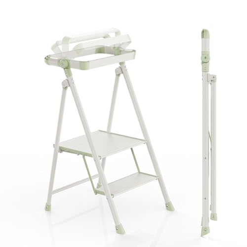 Foldable Toddler Tower, 2-Step Kids Step Stool with Safety Rail, Compact Folding Toddler Standing Stool for Kitchen, Bathroom and Home, Step Ladder for Toddlers and Adults - color: Matcha Green