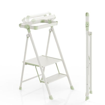 Foldable Toddler Tower, 2-Step Kids Step Stool with Safety Rail, Compact Folding Toddler Standing Stool for Kitchen, Bathroom and Home, Step Ladder for Toddlers and Adults - color: Matcha Green