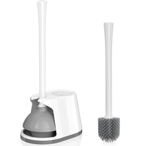 Toilet Plunger and Brush Set, Silicone Bowl Brush and Heavy Duty Toilet Plunger with Ventilated Holder, 2-in-1 Toilet Brush and Plunger Combo for 5.3-inch Toilet Drain Bathroom Deeply Cleaning - color: White & Grey01
