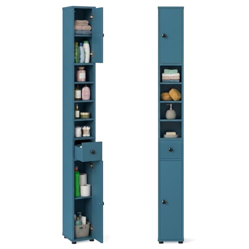 Tangkula Tall Slim Bathroom Storage Cabinet, 71" Freestanding Bathroom Cabinet w/ 2 Doors, 1 Drawer & 5 Adjustable Shelves, Floor Narrow Tower Cabinet for Small Spaces, 8" x 8" x 71" (Blue) - color: Blue