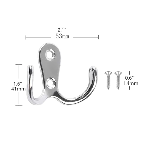 2 Pcs Double Prong Robe Hooks, Dual Coat Hooks Wall Mounted Hanging Clothes for Bathroom Bedroom Door Wall Retro Metal Cloth Hanger Double Coat Hooks with 4 Screws (Sliver) - color: Sliver