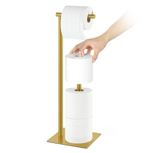 Toilet Paper Holder Stand Beige Gold Free Standing TP Holder, Metal Toilet Paper Roll Holder with Reserve Bathroom Tissue Storage Holder, Beige Gold - color: Beige Gold