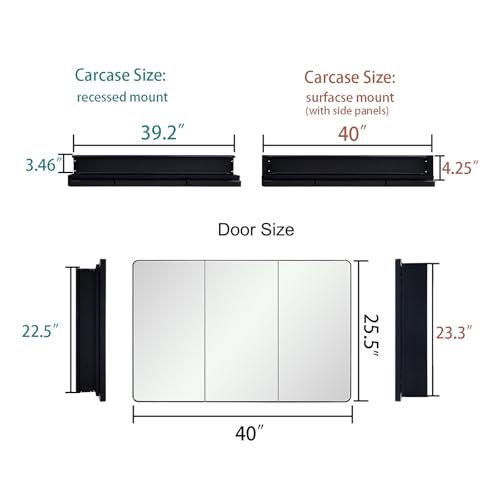 Black Bathroom Medicine Cabinet with Round Corner Framed Door, 40 x 25.5 inch, Recessed or Surface Mount, with Adjustable Glass Shelves - size: 40 x 25.5 inch