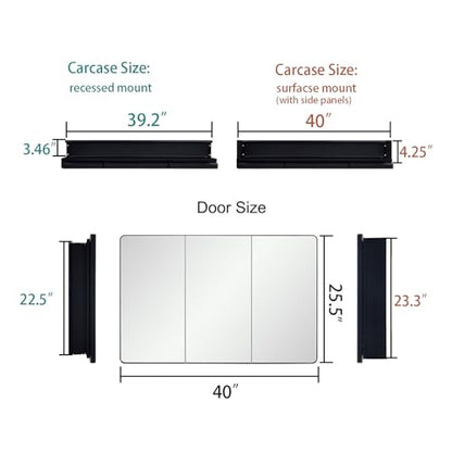 Black Bathroom Medicine Cabinet with Round Corner Framed Door, 40 x 25.5 inch, Recessed or Surface Mount, with Adjustable Glass Shelves - size: 40 x 25.5 inch