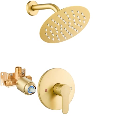 Airuida Shower Faucet Set,6 Inch Brushed Gold Shower Trim Kit | Round Rainfall Shower Head,Single Handle,Male Threads Rough-in Valve,Wall Mount Bathroom System - color: Gold, size: 6 Inch