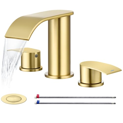 Ultimate Unicorn 8 inch Bathroom Faucet Brushed Gold, Waterfall Bathroom Faucet with Metal Pop-up Sink Drain Stopper and 2 Supply Hoses,2 Handle Widespread Faucets for Vanity Sink 3 Holes | Bathroom Faucet with Metal Pop-up Sink Drain Stopper and 2 Supply