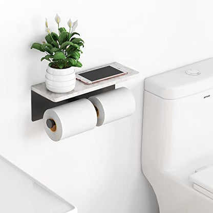 Gypie Toilet Paper Holder with Marble Shelf, Wall Mount, Double Black | Stainless Steel Tissue Roll Paper Holder Dispenser for Bathroom Washroom - color: Black Double
