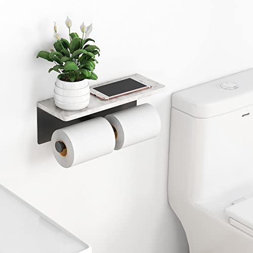 Gypie Toilet Paper Holder with Marble Shelf, Wall Mount, Double Black | Stainless Steel Tissue Roll Paper Holder Dispenser for Bathroom Washroom - color: Black Double