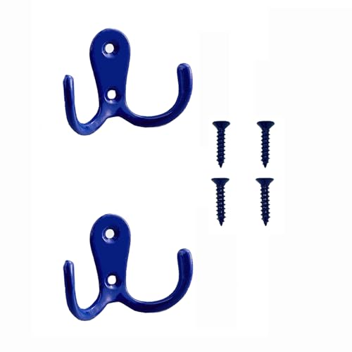 2 Pcs Double Prong Robe Hooks, Dual Coat Hooks Wall Mounted Hanging Clothes for Bathroom Bedroom Door Wall Retro Metal Cloth Hanger Double Coat Hooks with 4 Screws (Blue) - color: Blue