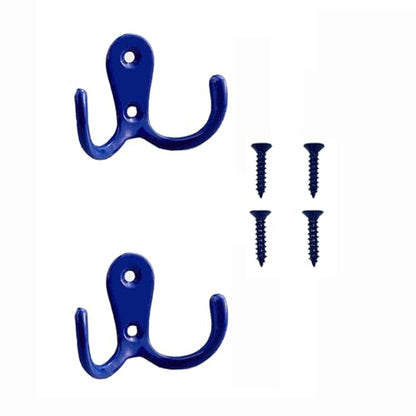 2 Pcs Double Prong Robe Hooks, Dual Coat Hooks Wall Mounted Hanging Clothes for Bathroom Bedroom Door Wall Retro Metal Cloth Hanger Double Coat Hooks with 4 Screws (Blue) - color: Blue