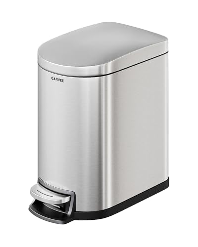 Garvee 1.6 gal / 6 L Stainless Steel Bathroom Trash Can with Lid, Slim Waterproof Garbage Can for Bedroom, Small Step-on Metal Trash Bin with Inner Bucket, Rear Handle, Soft Close Lid, Silver - color: Silver, size: 1.6 Gallons