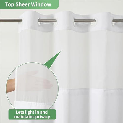 eachope White No Hook Shower Curtain with Snap-in Fabric Liner Set,Slub Textured Fabric Shower Curtains for Bathroom,Hotel Style Modern Shower Curtain,Water Repellent & Washable,71x74(72) | Hotel Style Fabric with See-Through Top Window, Water Repellent &