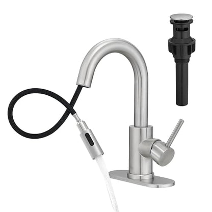 Brushed Bathroom Sink Faucet with Pull Out Sprayer for Sink 1 Hole,Bar Sink Faucet with Pop-Up Drain,Stainless Steel Single Handle Kitchen Faucet 360° Swivel Bathroom Faucets for Two Water Outlet Mode - color: Brushed Nickel, style: Pull-out